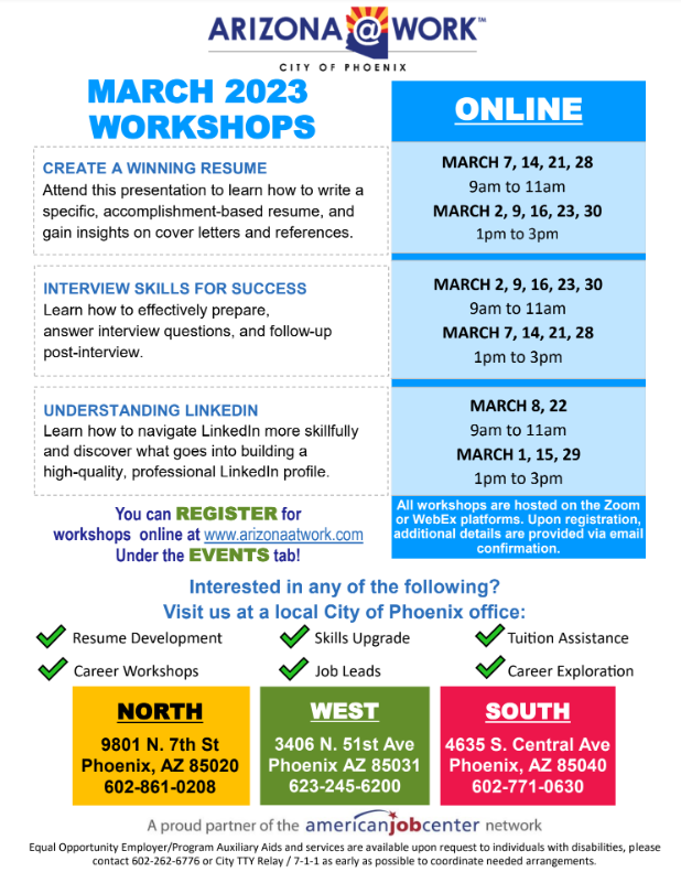 The picture lists several workshops from City of Phoenix's Arizona @ Work.  For details, go to www.arizonaatwork.com.