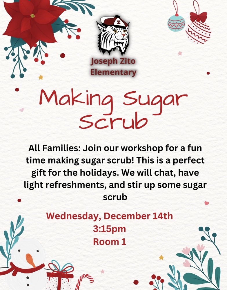 Making Sugar Scrub All Families: Join our workshop for a fun time making sugar scrub! This is a perfect gift for the holidays. We will chat, have light refreshments, and stir up some sugar scrub. Wednesday, December 14th 3:15 pm Room 1