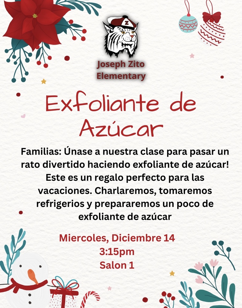 Exfoliante de Azúcar Familias: Únase a nuestra clase para pasar un rato divertido haciendo exfoliante de azúcar! Este es un regalo perfecto para las vacaciones. Charlaremos, tomaremos refrigerios y prepararemos un poco de exfoliante de azúcar Miercoles, Diciembre 14 3:15 pm Salon 1