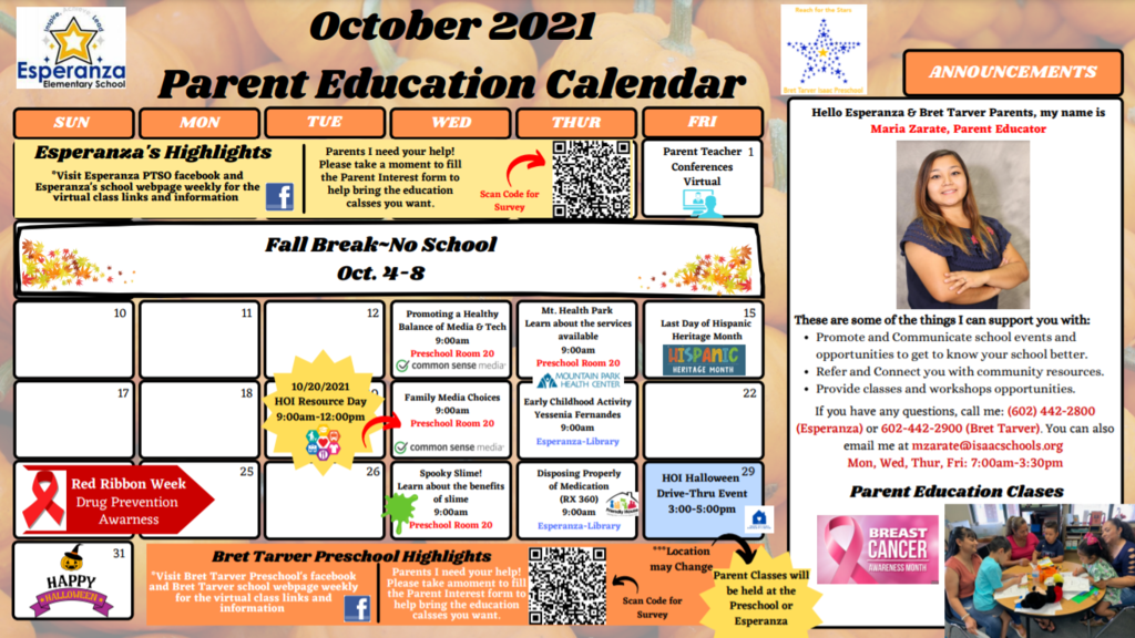 Parent Coordinator October Calendar English