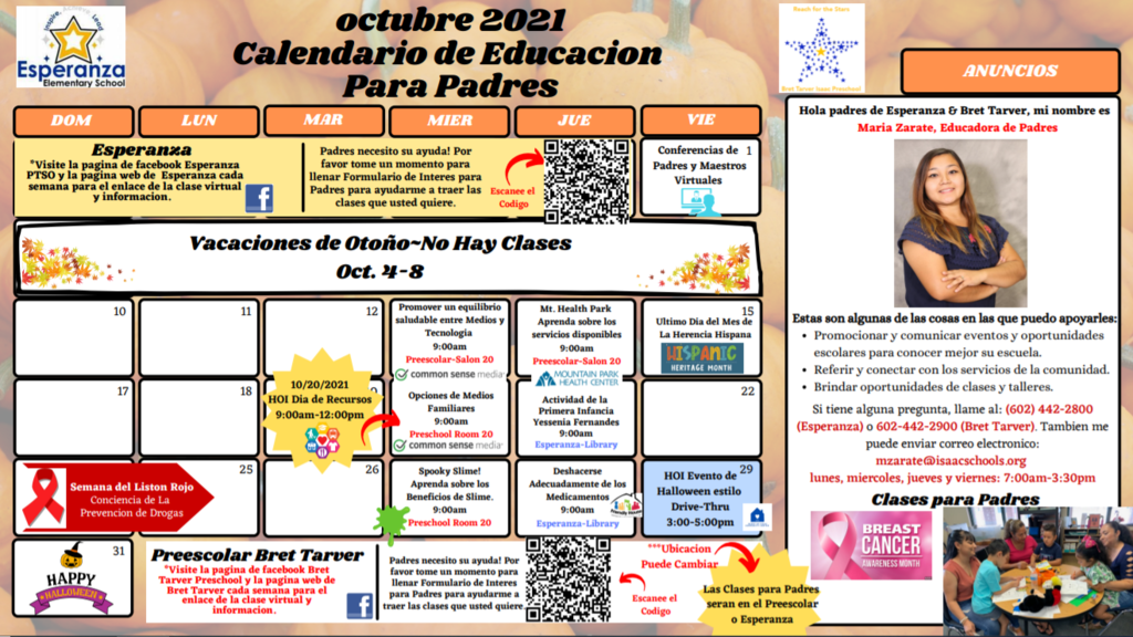 Parent Coordinator October Calendar Spanish