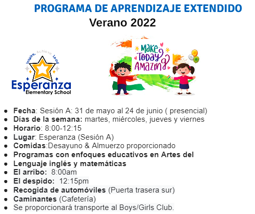 Programa de Aprendizaje Extendido Verano 2022