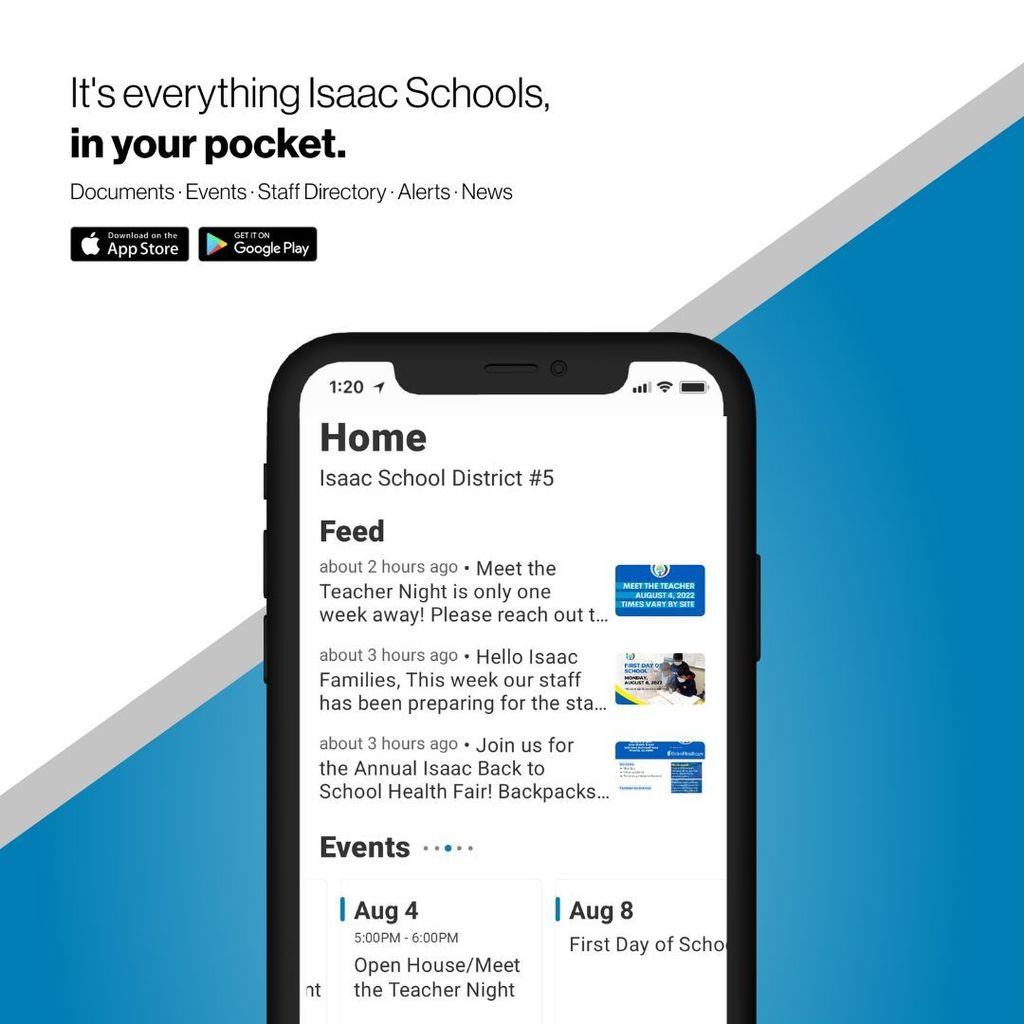 We’re thrilled to announce Isaac School District #5’s new app! It’s everything Isaac Schools, in your pocket. Download the app on Android and iPhone.