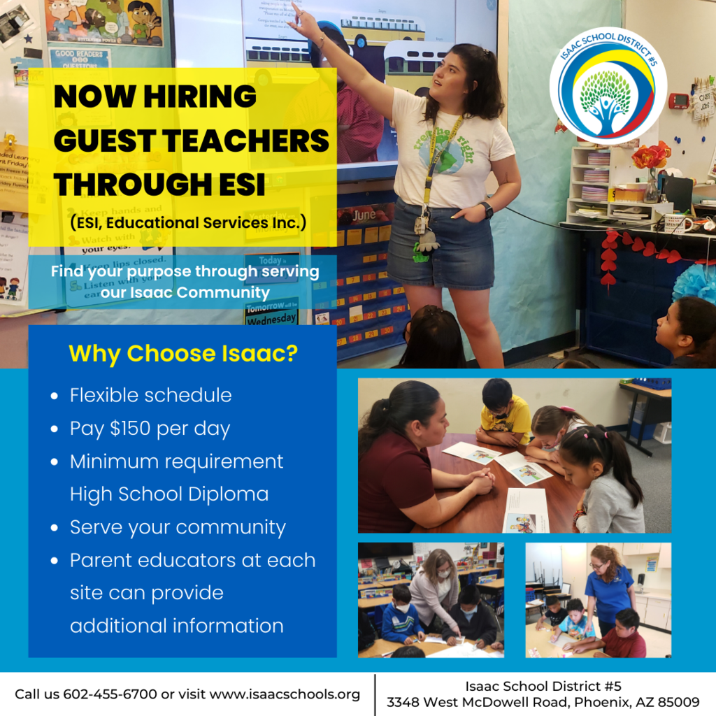Now hiring guest teachers at the isaac school district, teacher pointing at white board while students are sitting on the carpet watching her