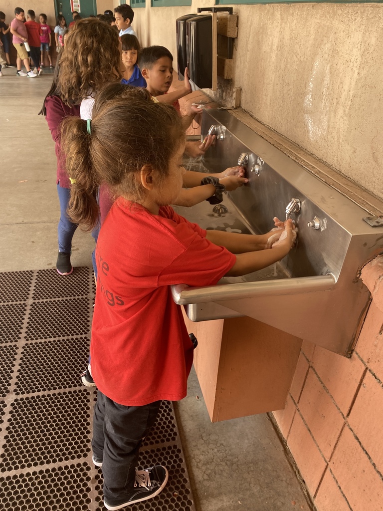 Students washing their hands at the sink with soap and water.