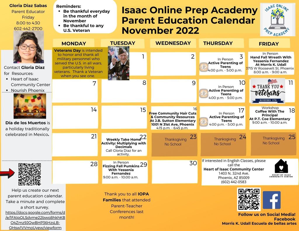 Isaac Online Prep Academy Parent Education November 2022 Calendar of Events Call Parent Educator Friday 8:00 to 4:30 602-442-2700 for all details.