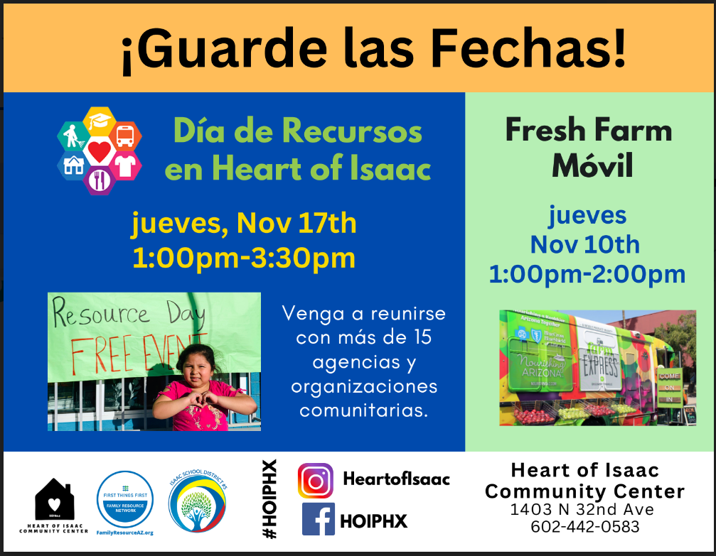Save the date.  Heart of Isaac's Community Resource Day Thursday November 17th 1 p.m. to 3:30 p.m. 15 plus organizations  will attend to provide services.