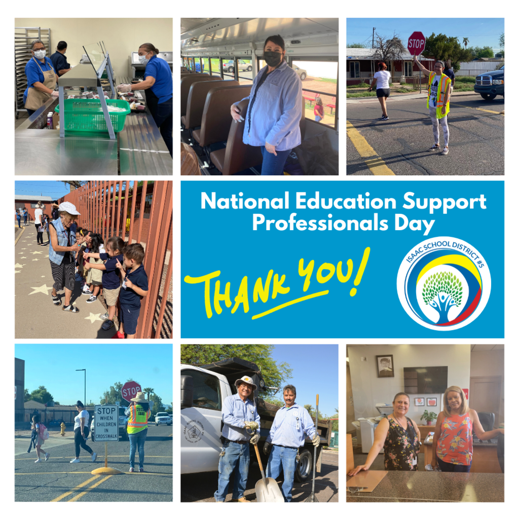 National Education Support Professionals Day. Thank you! Picture of cafeteria staff, bus driver, crossing guard, classroom aide, secretaries and maintenance workers.