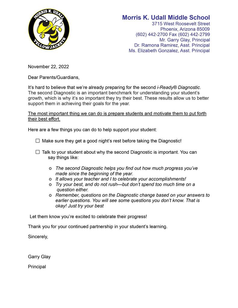 Letter from Principal re: MOY i-ready testing 