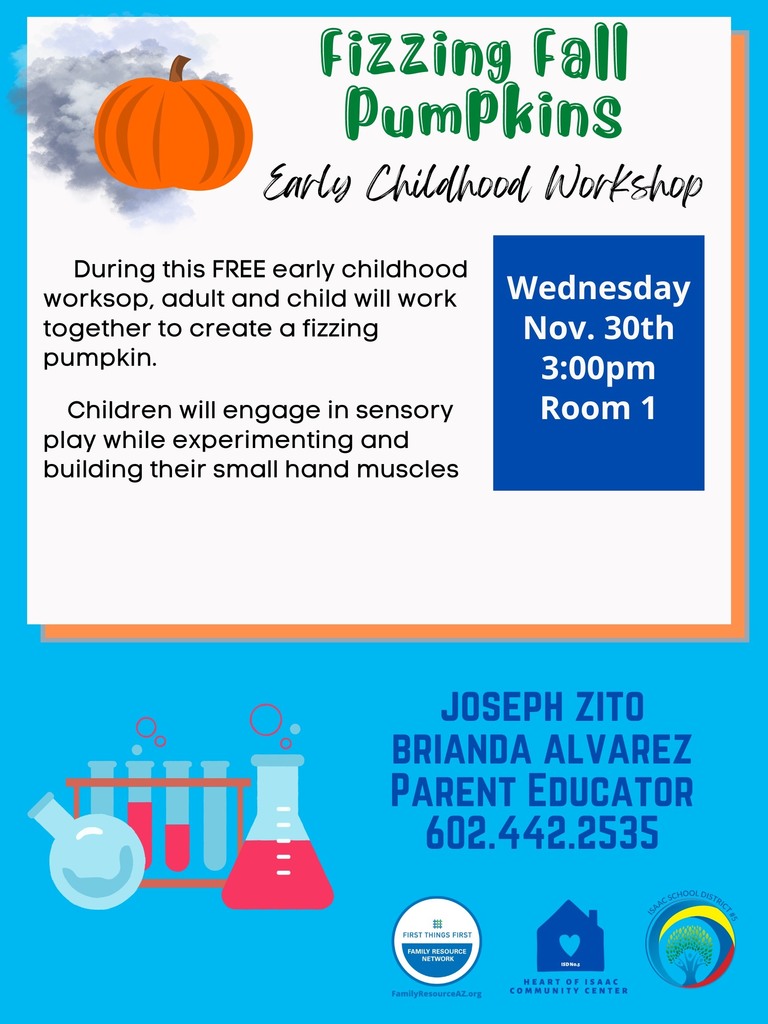 Fizzing Fall Pumpkins Early Childhood Workshop Wednesday November 30, 2022 3:00 pm Room 1  During this FREE early childhood workshop, adult and child will work together to create a fizzing pumpkin. Children will engage in sensory play while experimenting and building their small hand muscles.