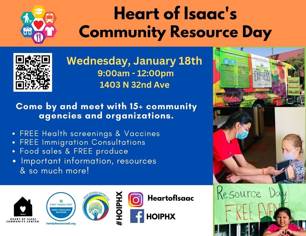 Heart of Isaac Community Resource Day on Wednesday January 18th at 9 a.m. until noon.  