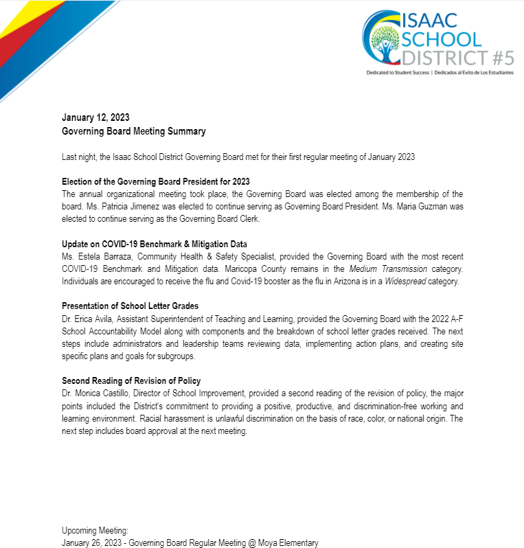 Image is a copy of the district school board summary. Main ideas are Election of the Governing Board President for 2023,   Update on COVID-19 Benchmark & Mitigation Data, Presentation of School Letter Grades,and Second Reading of Revision of Policy. .