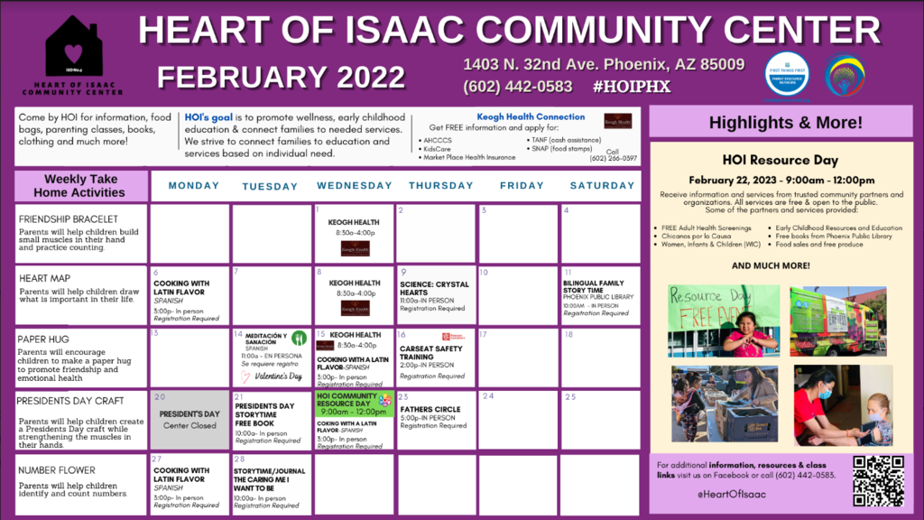 Heart of Isaac Community Calendar of Events. Call 602-442-0583 for details.