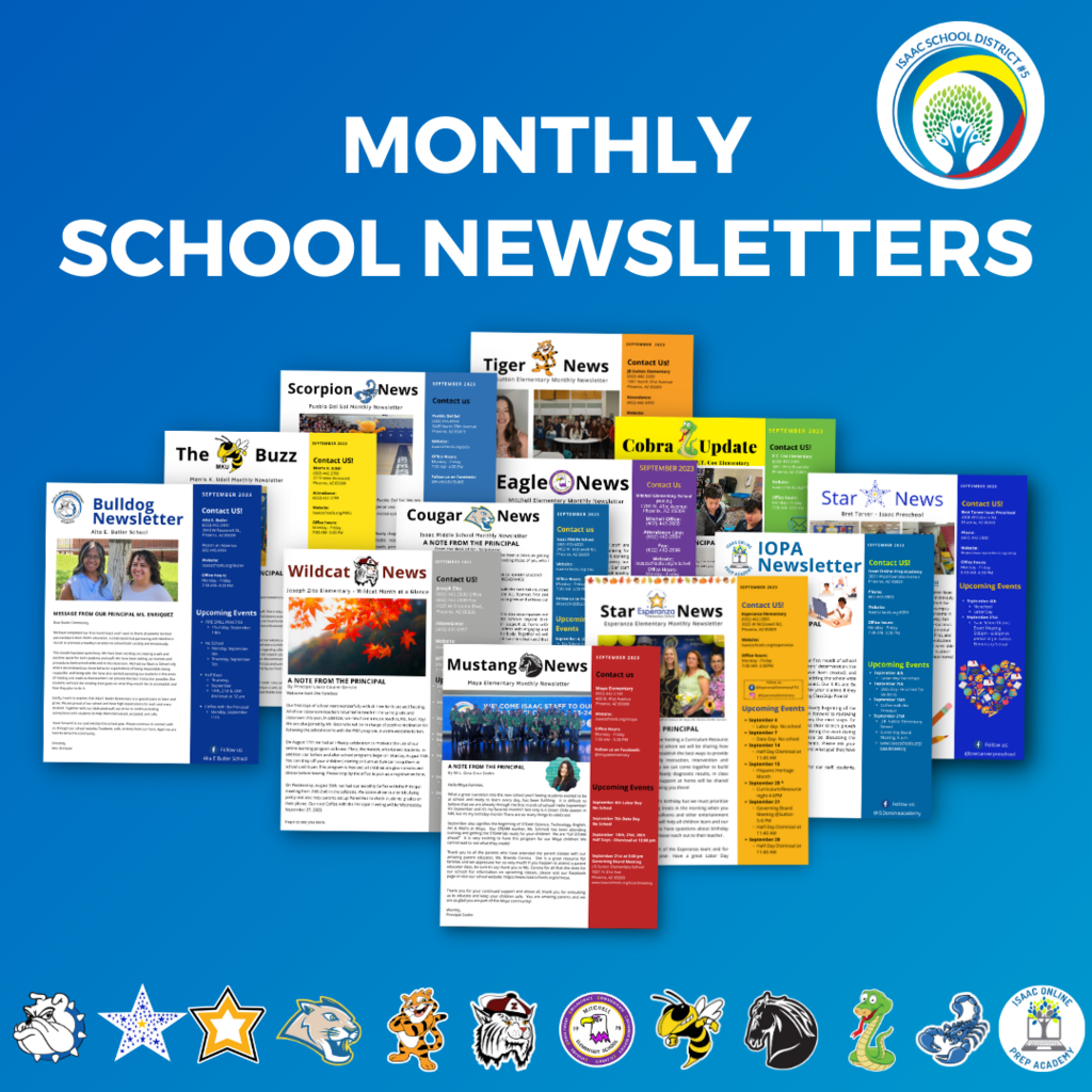 Monthly school newsletter front cover pages with school logos